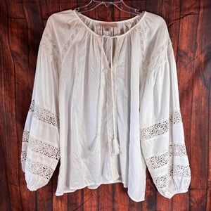 Philosophy Top White Tied Shirred Neck w/ Lace Inset Detail Women's size L Boho